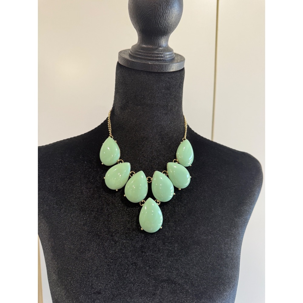 Mint Green Teardrop Statement Necklace Gold Tone Bib Resin Stones Adjustable